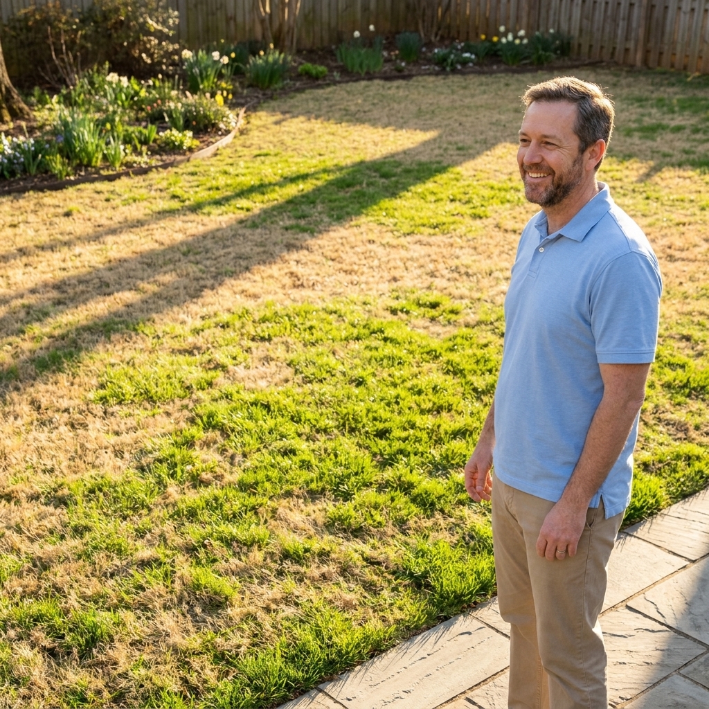 A Bermuda grass lawn transitioning from tan dormancy to bright green during spring green-up with sunlight across the yard