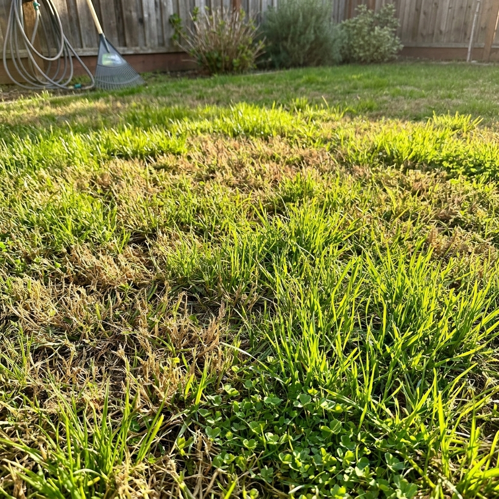 A backyard lawn a week after pest damage with new green growth filling in among previously chewed areas, sunlight across the grass
