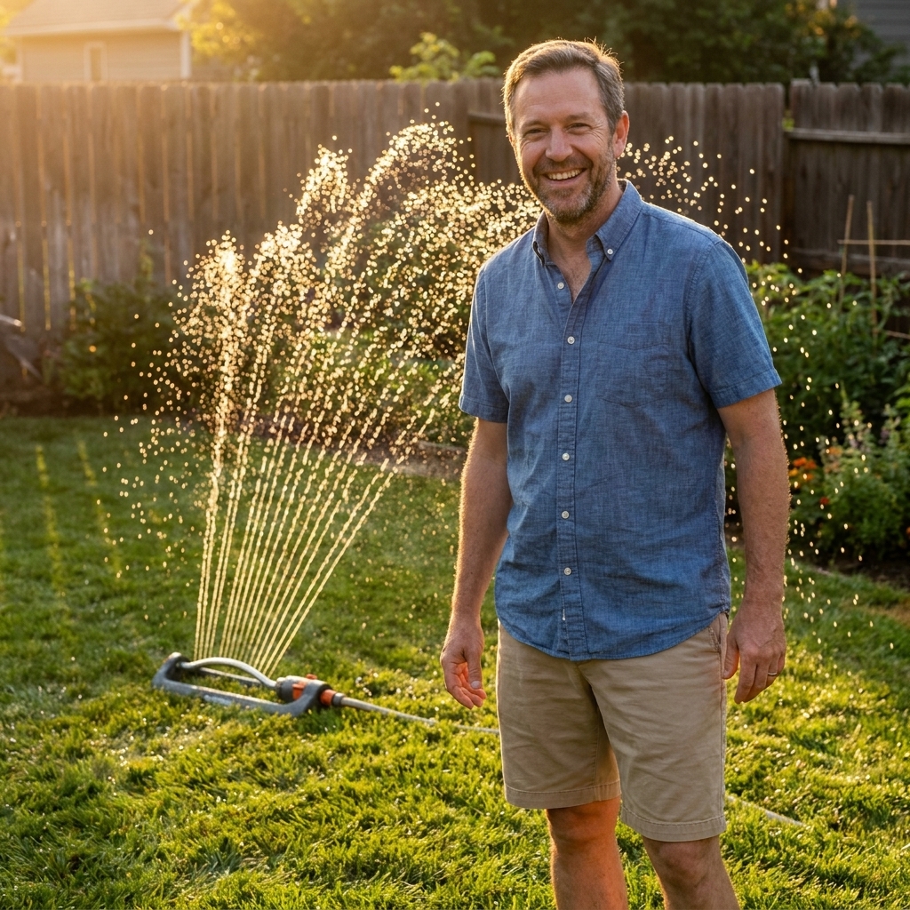 A backyard lawn being watered with an oscillating sprinkler in late afternoon light, droplets visible over freshly mowed grass