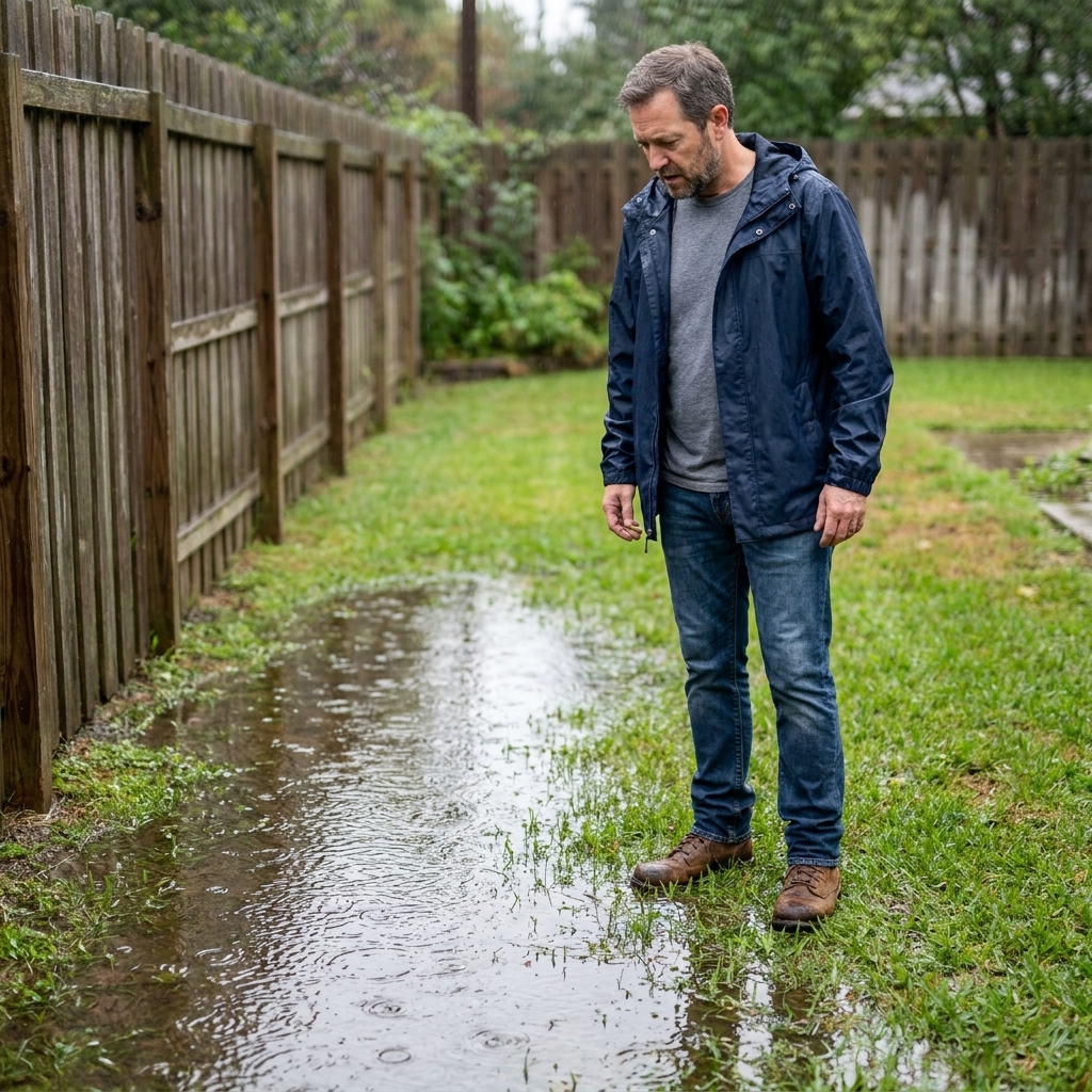 A backyard lawn with a shallow puddle after rain, showing water pooling in a low spot near a fence line