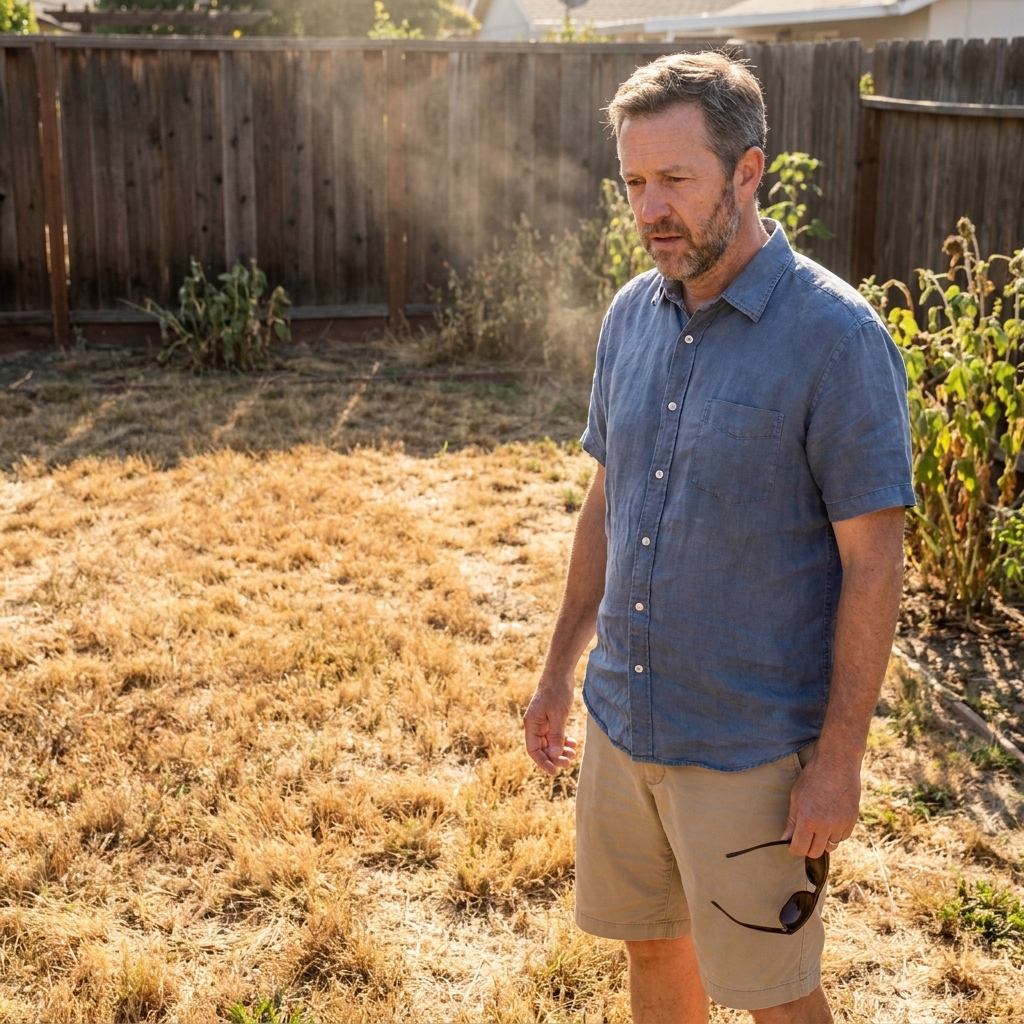 A backyard lawn with visible drought stress and patchy browning during a hot summer afternoon