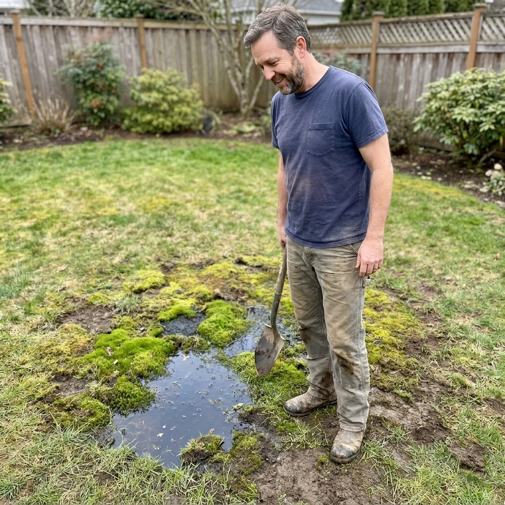 A backyard low spot where water collects, with patches of moss and muddy soil thinning out the surrounding grass