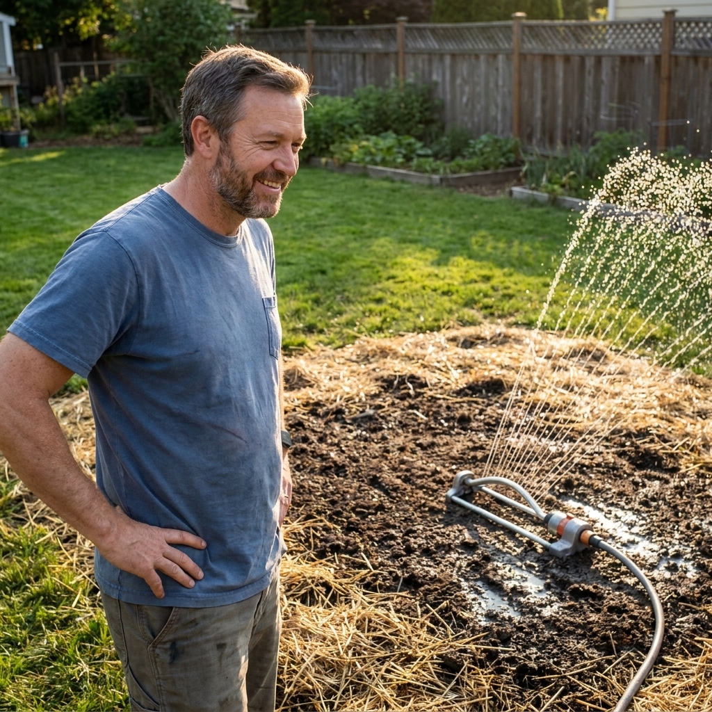 A backyard sprinkler gently watering a freshly seeded repair patch with dark, moist soil and straw cover