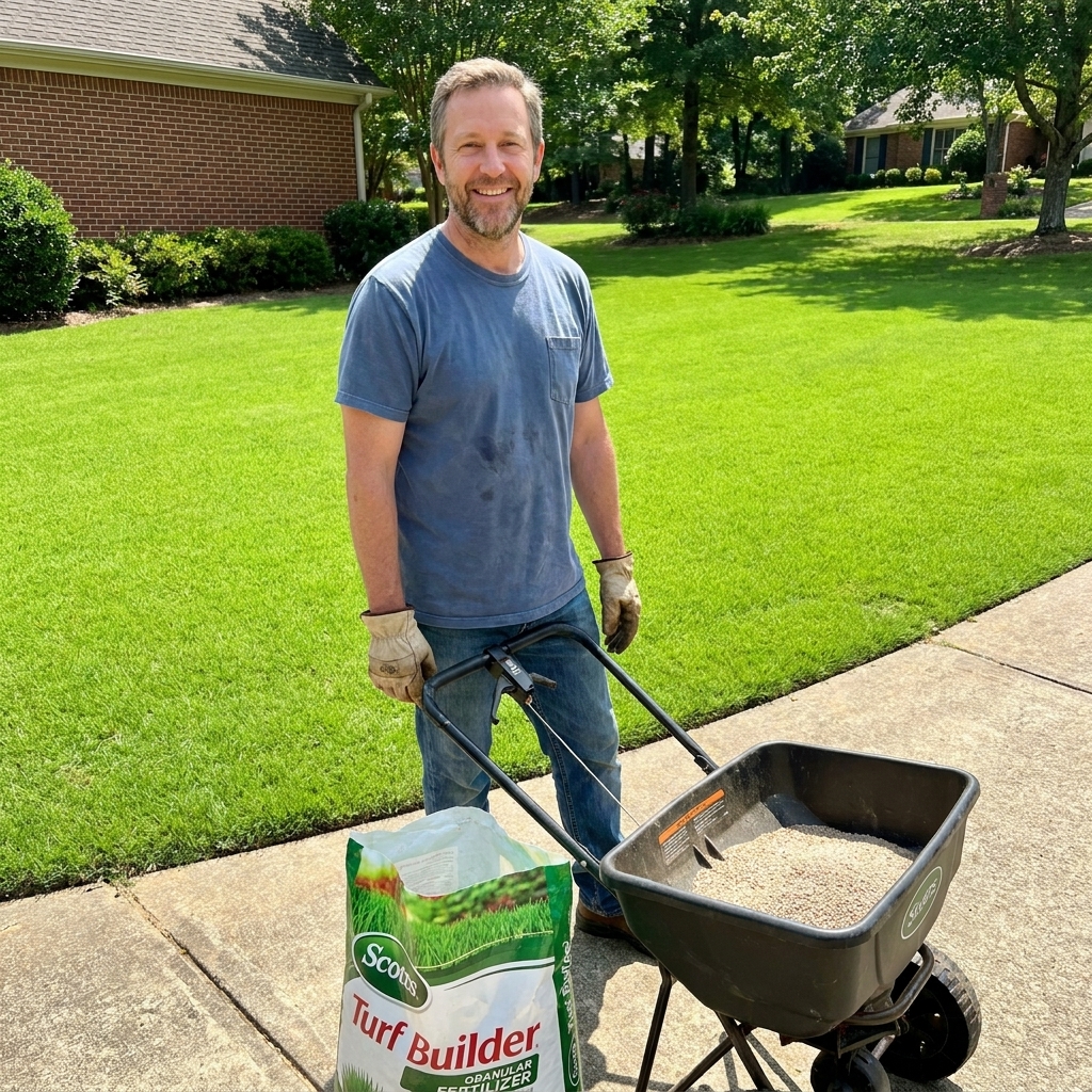 A bright green bermudagrass lawn in summer with a broadcast spreader parked on the driveway beside an open bag of granular fertilizer