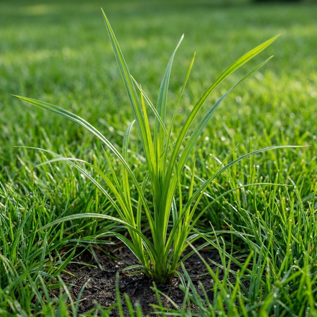 A bright green nutsedge plant standing taller than surrounding grass with narrow leaves, commonly found in a moist lawn area.