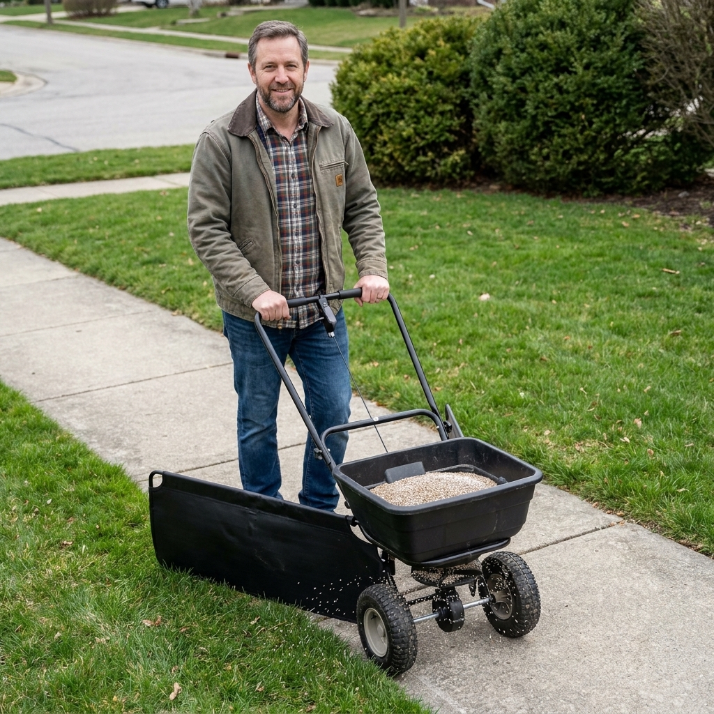 A broadcast lawn spreader moving along a concrete sidewalk with a side deflector shield attached to prevent fertilizer from scattering onto pavement