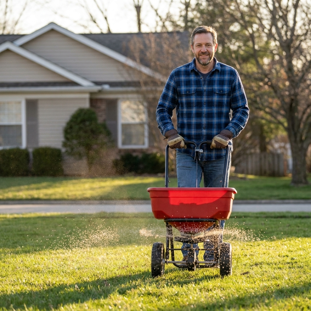 A broadcast spreader rolling across a suburban front lawn, distributing granular fertilizer evenly in the late afternoon