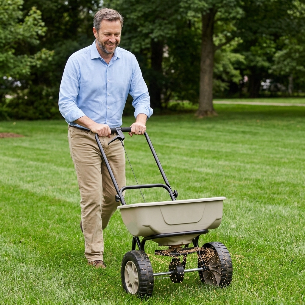 A broadcast spreader wheel rolling over grass with granular product being distributed evenly behind it