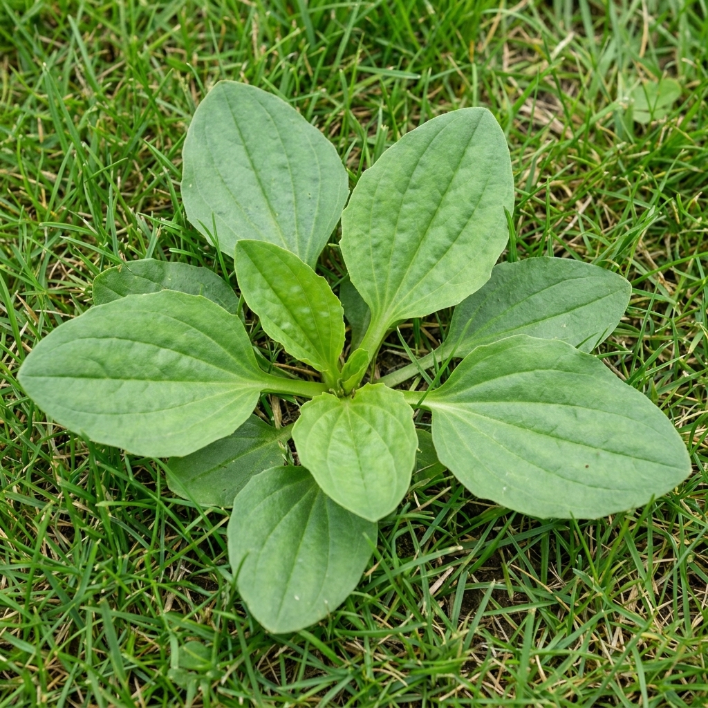 A broadleaf plantain rosette with wide oval leaves and strong parallel veins growing in short turf.