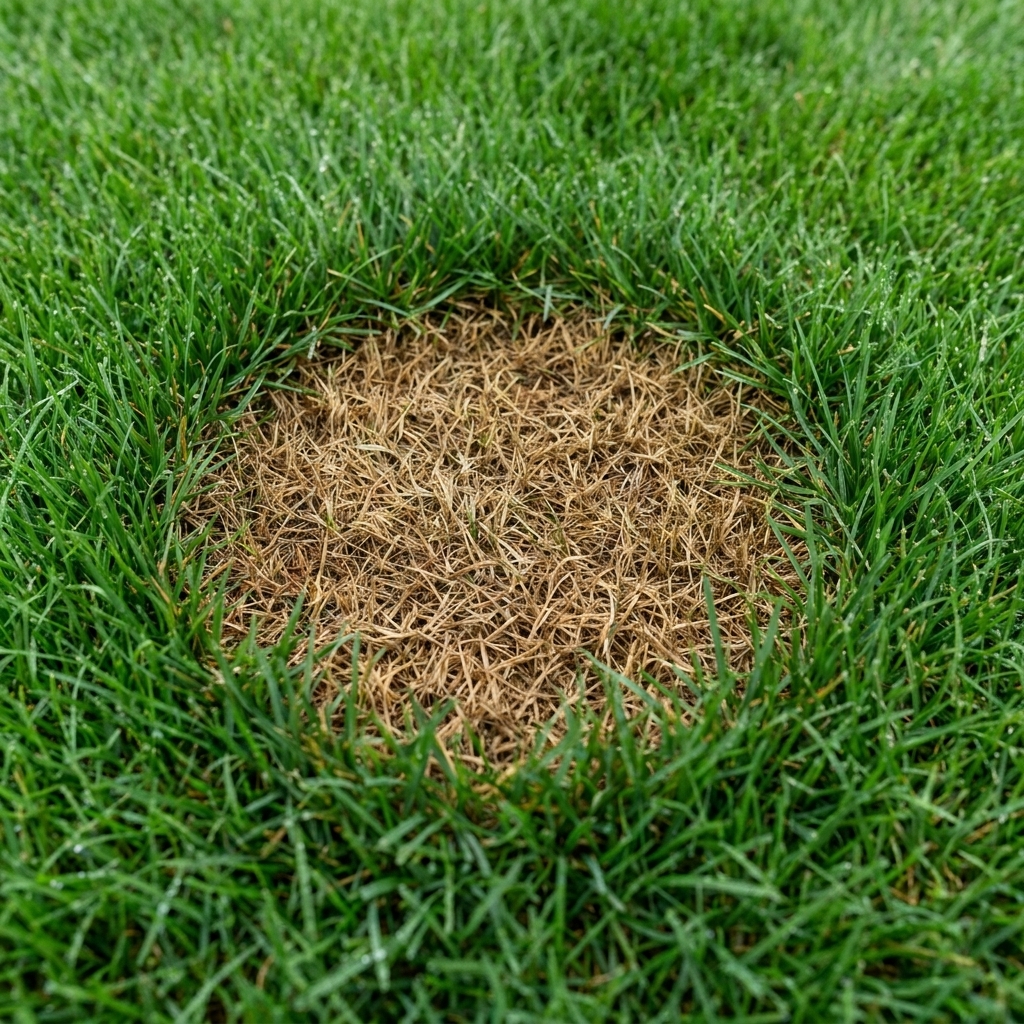 A close photo of a circular brown patch in turfgrass with a slightly darker green ring around the edge in a humid summer lawn