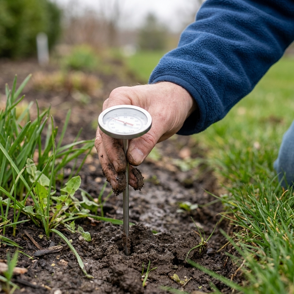 A close-up of a soil thermometer inserted into turf near the edge of a lawn bed in early spring with damp soil visible