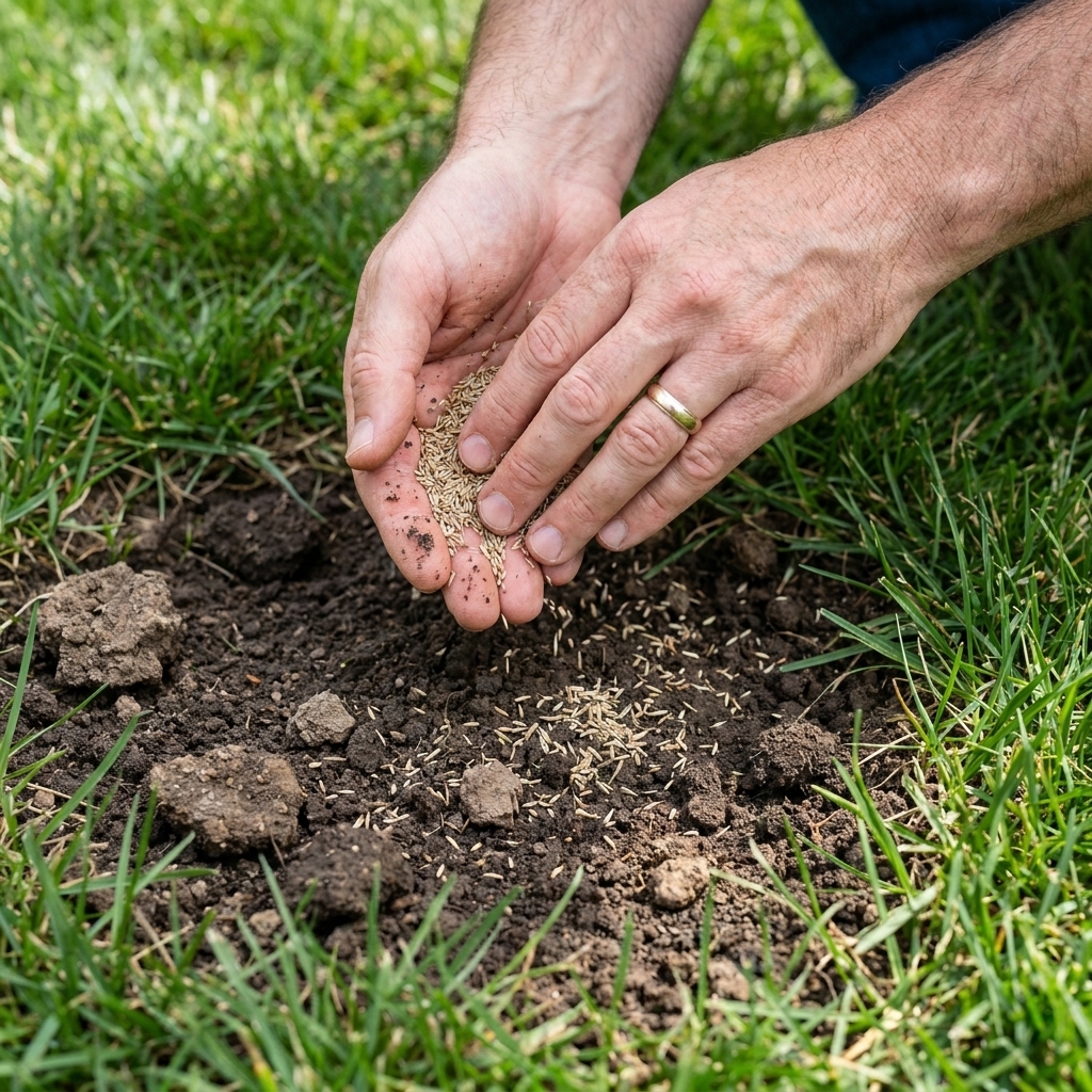 A close-up of hands spreading grass seed over a small bare patch in a yard, with loose soil and surrounding turf visible
