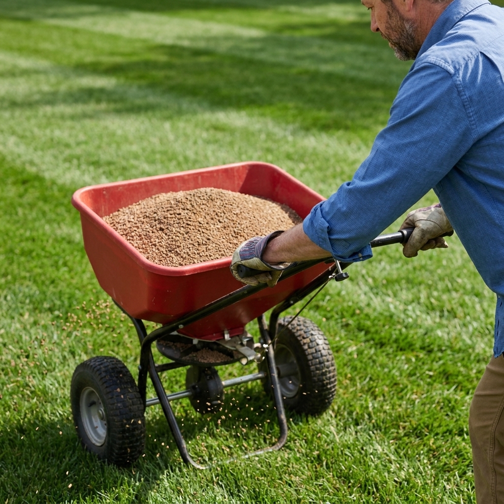 A close-up photo of a broadcast spreader rolling across turf with granular material visible in the hopper