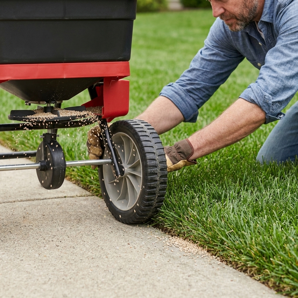 A close-up photo of a broadcast spreader wheel rolling along the edge of a sidewalk beside turf, showing careful edging for even product coverage