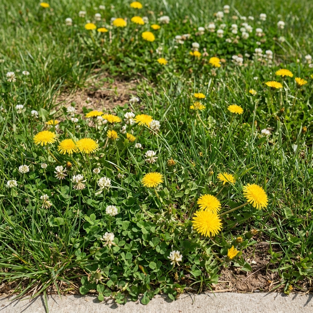 A close-up photo of dandelions and white clover mixed into thin lawn grass in a residential yard