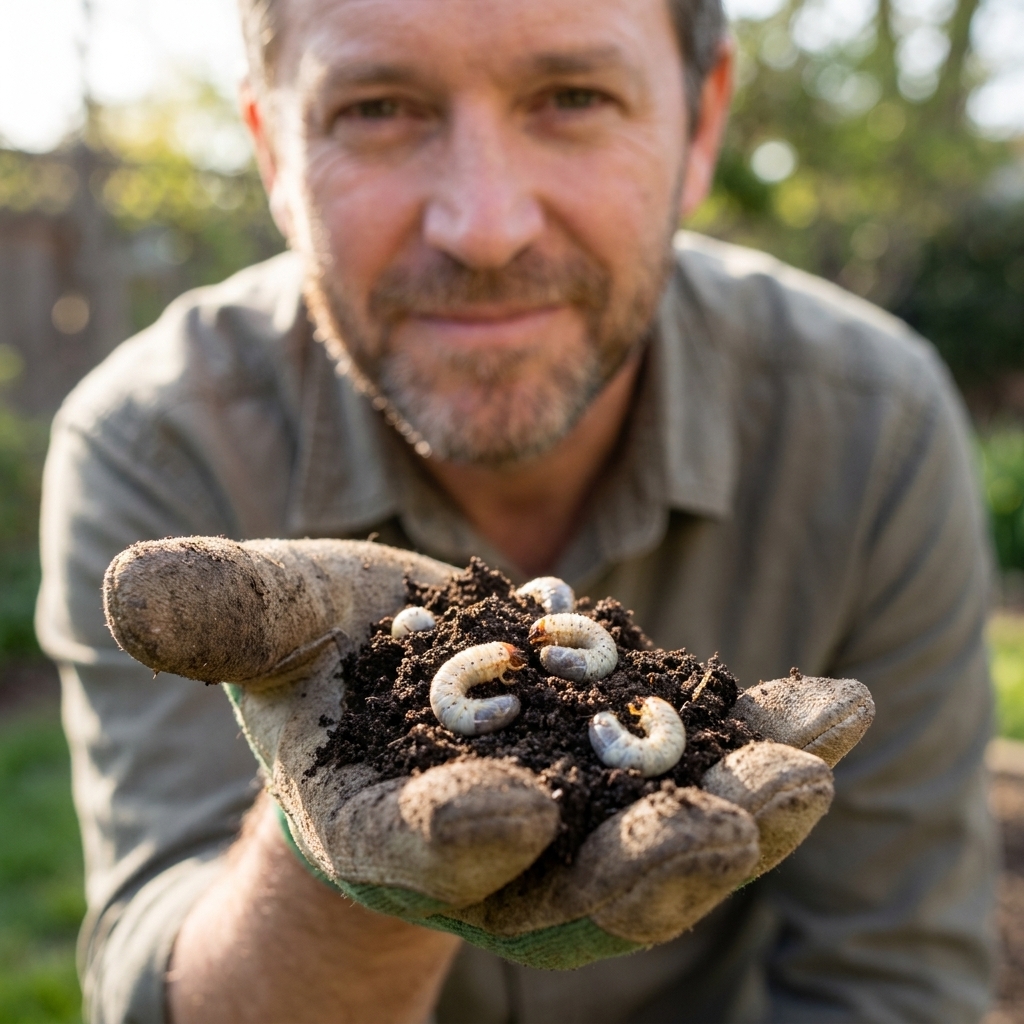 A close-up photo of several white C-shaped lawn grubs curled in dark soil on a gloved hand outdoors