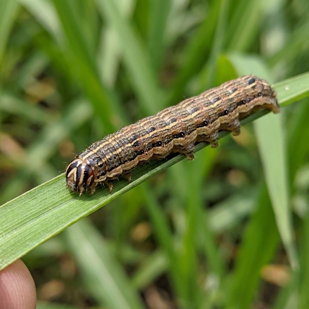 A close-up photograph of a fall armyworm caterpillar on a green grass blade, showing striping along the body and a pale Y-shaped marking on the head