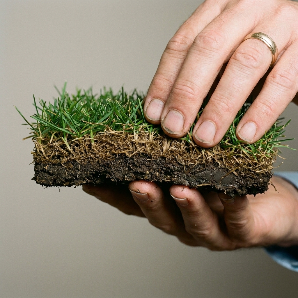 A close-up view of a hand lifting a small section of turf to show a thick brown thatch layer sitting above the soil