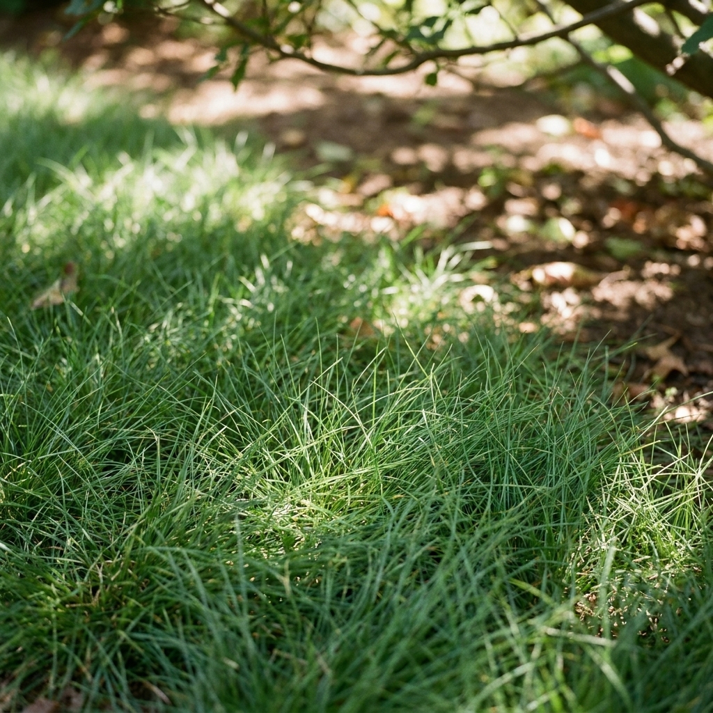 A close-up view of healthy fine fescue turf growing in mottled shade beneath tree branches, showing thin blades and a soft texture