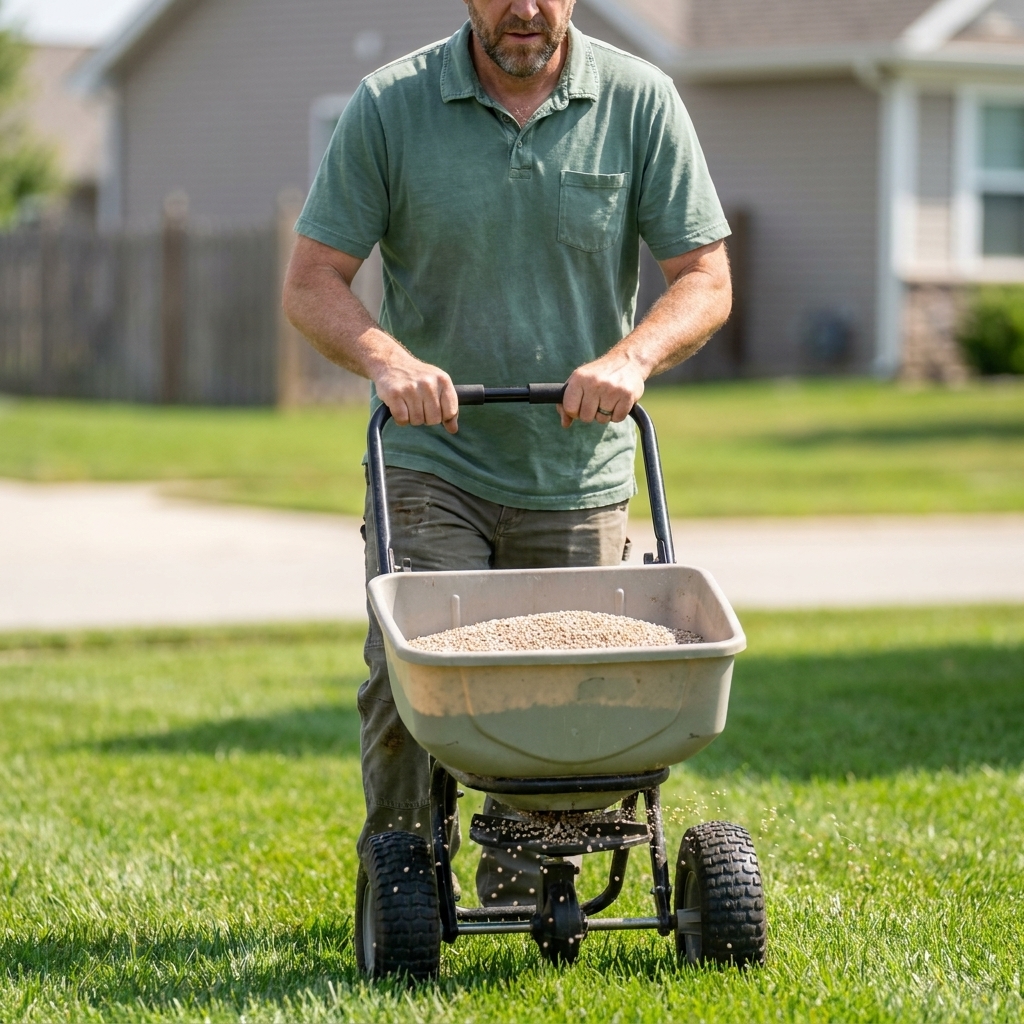 A close view of a broadcast spreader rolling over short-cut grass on a suburban front lawn, granular fertilizer visible in the hopper