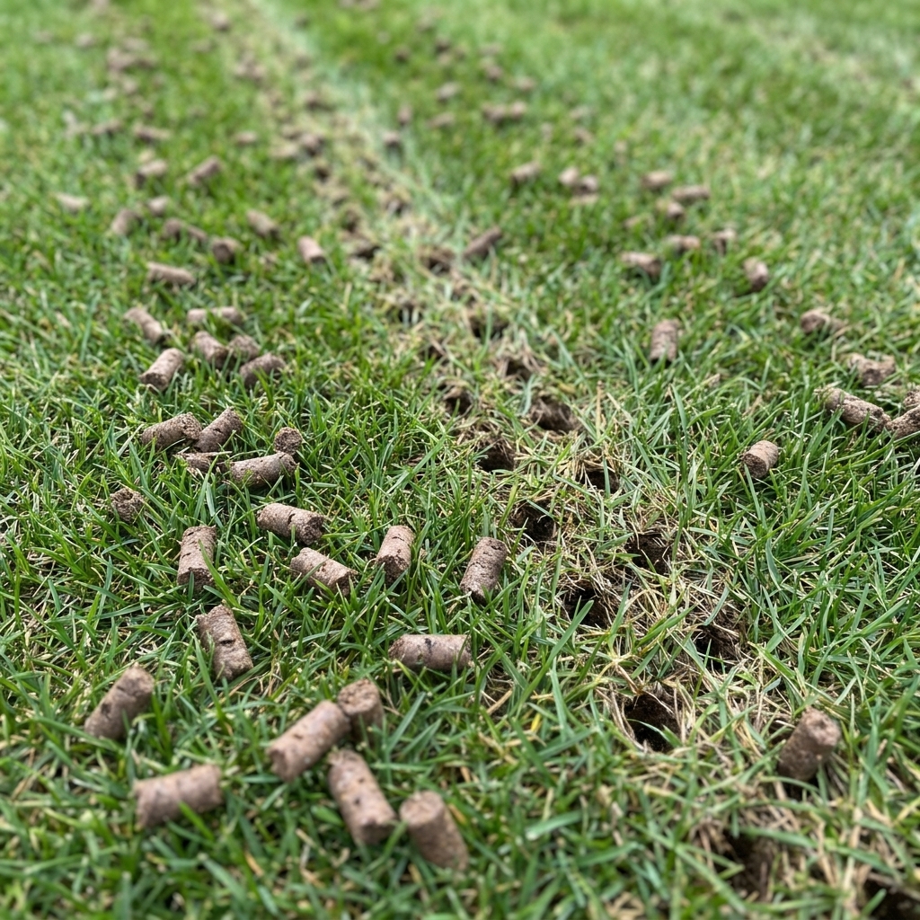 A close view of a lawn after core aeration with soil plugs scattered on the grass and an aerator track visible