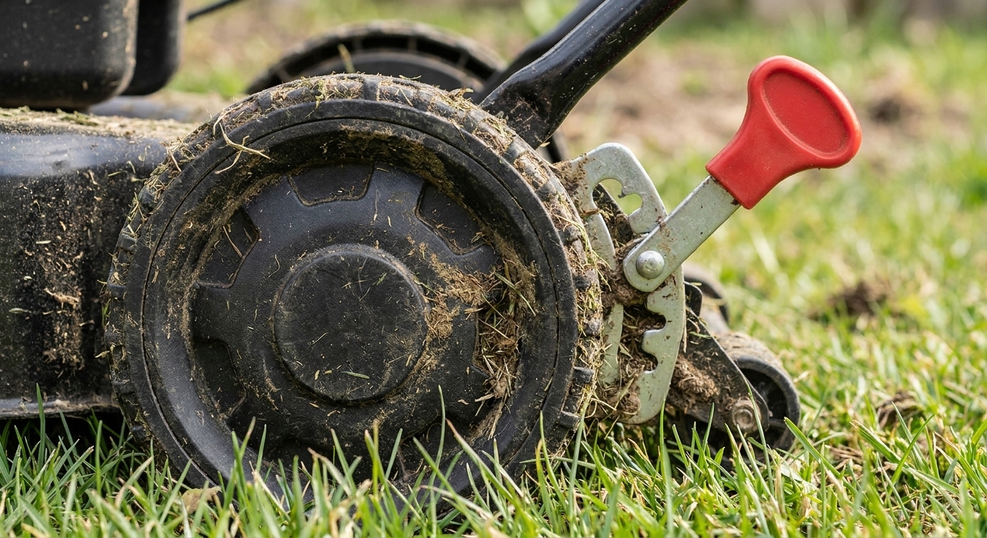 A close view of a push mower wheel and height adjustment lever set over grass in a backyard