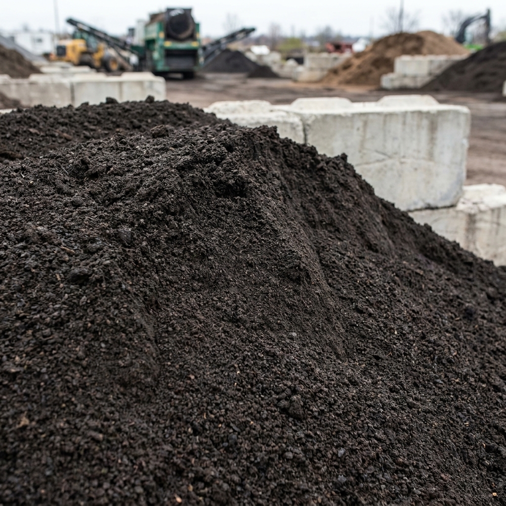 A close view of a screened compost pile with dark, crumbly texture and small uniform particles at a landscape supply yard
