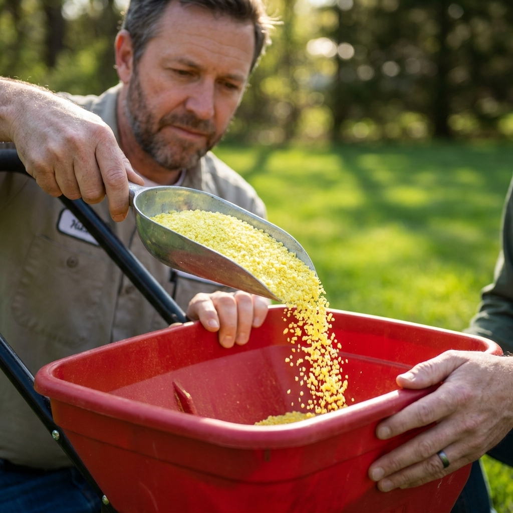 A close view of granular elemental sulfur being applied with a handheld scoop into a broadcast spreader on a backyard lawn