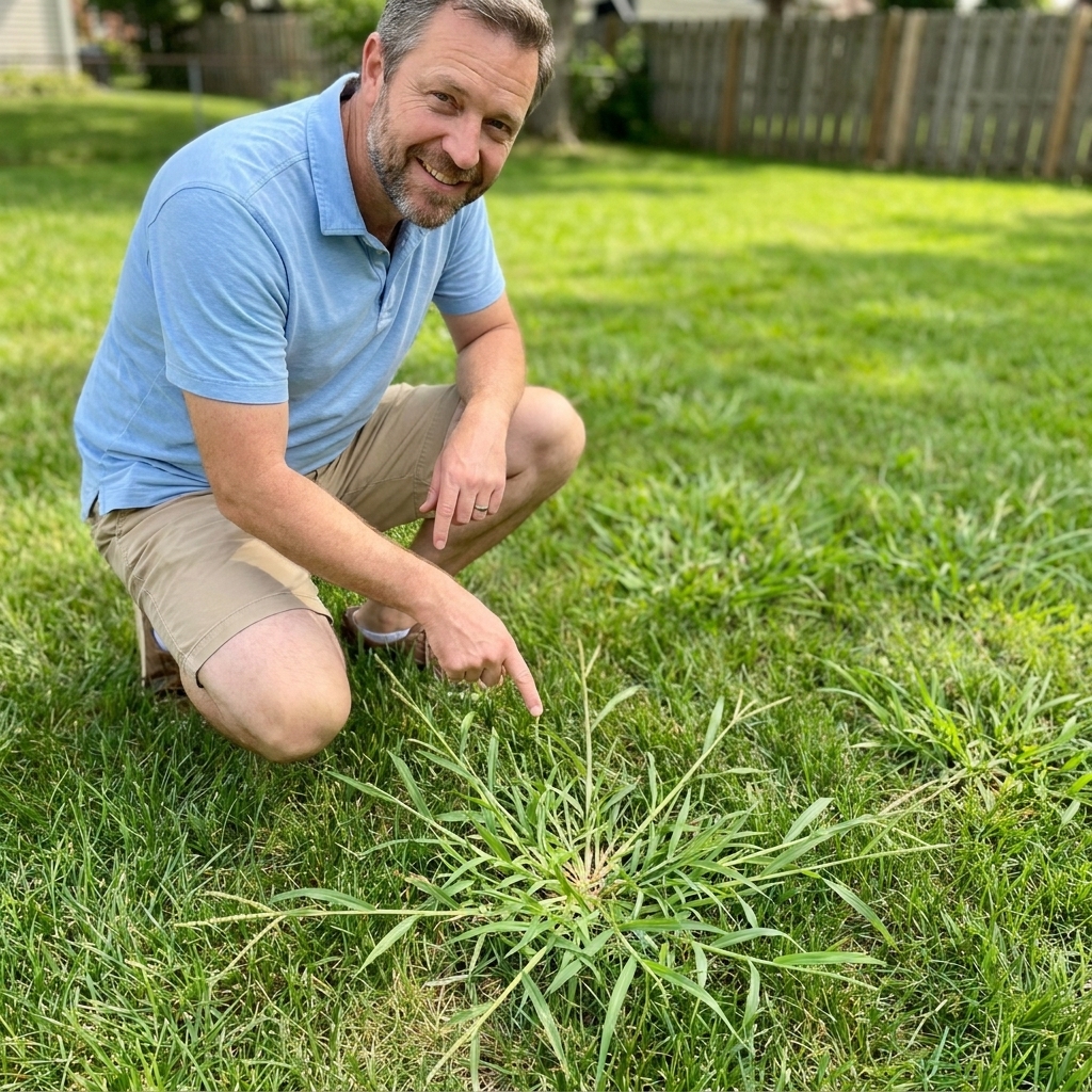 A coarse crabgrass plant with multiple stems radiating outward in a star shape growing within a summer lawn.