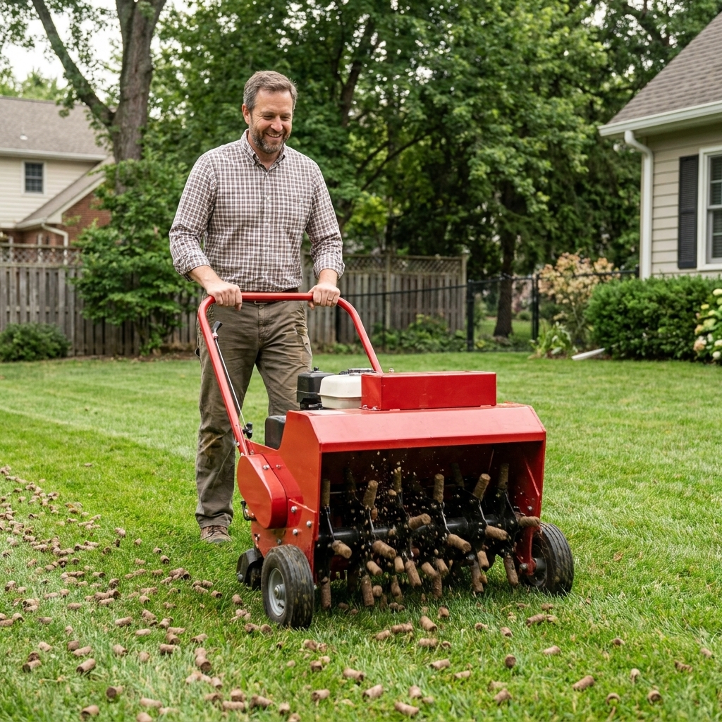 A core aerator being pushed across a residential backyard lawn, leaving neat soil plugs on the surface