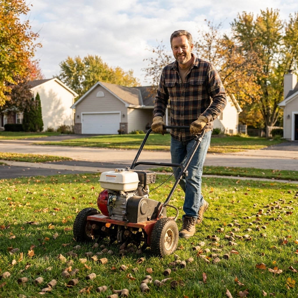 A core aerator being pushed across a residential front lawn in early fall, leaving small soil plugs on the surface