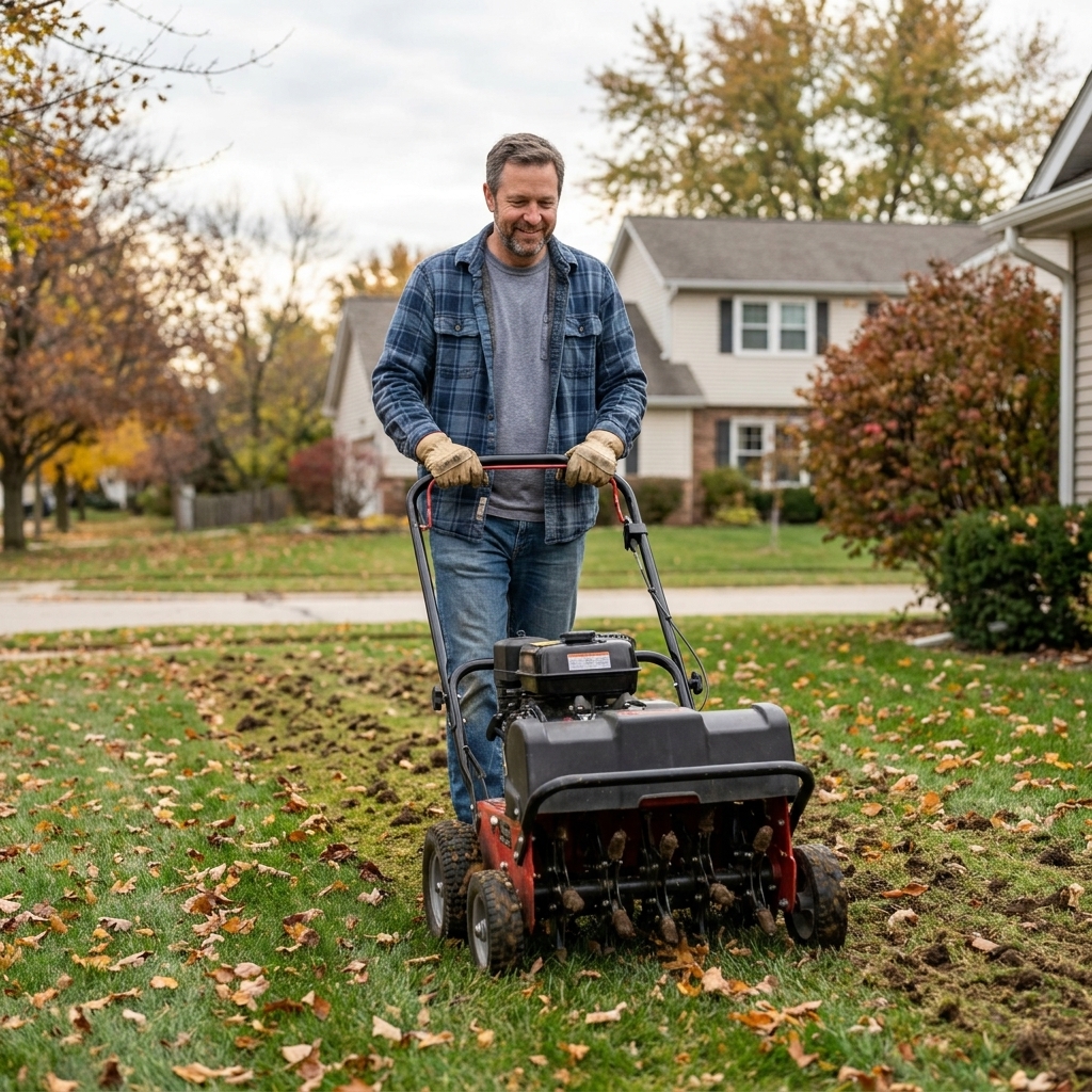 A core aerator creating rows of soil plugs across a suburban lawn during a cool fall afternoon