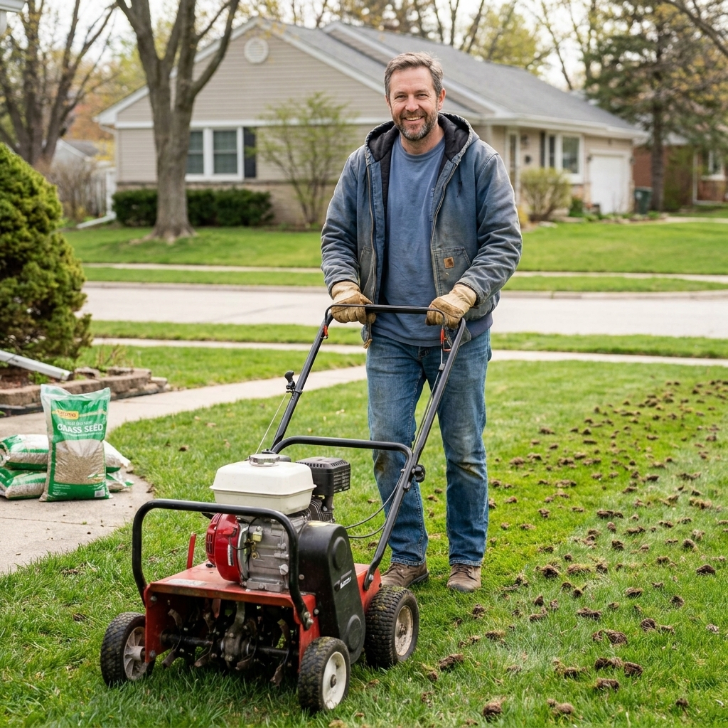 A core aerator pulling plugs from a residential lawn to prepare for overseeding, with soil cores scattered across the grass