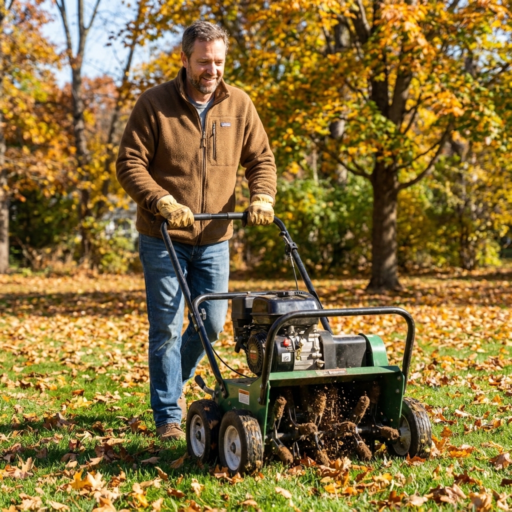 A core aerator pulling plugs of soil from a lawn on a clear fall day