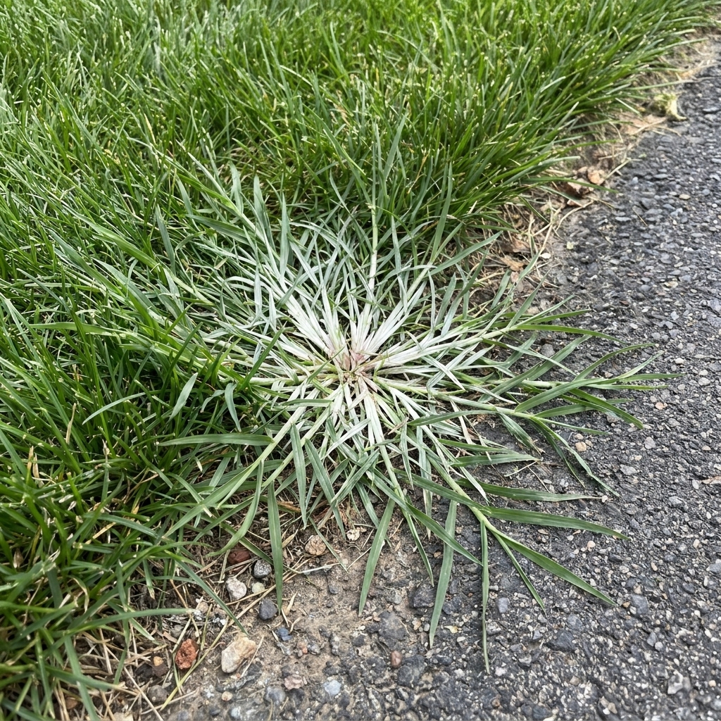 A flattened goosegrass clump with a pale silvery-white center growing along a driveway edge in turf.