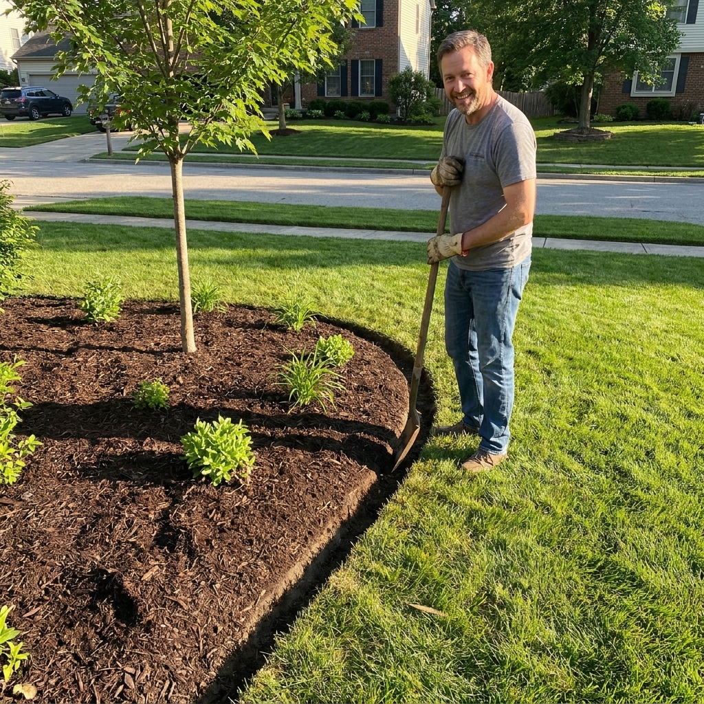 A freshly edged mulch bed with a neat trench line separating dark mulch from green grass in a residential front yard