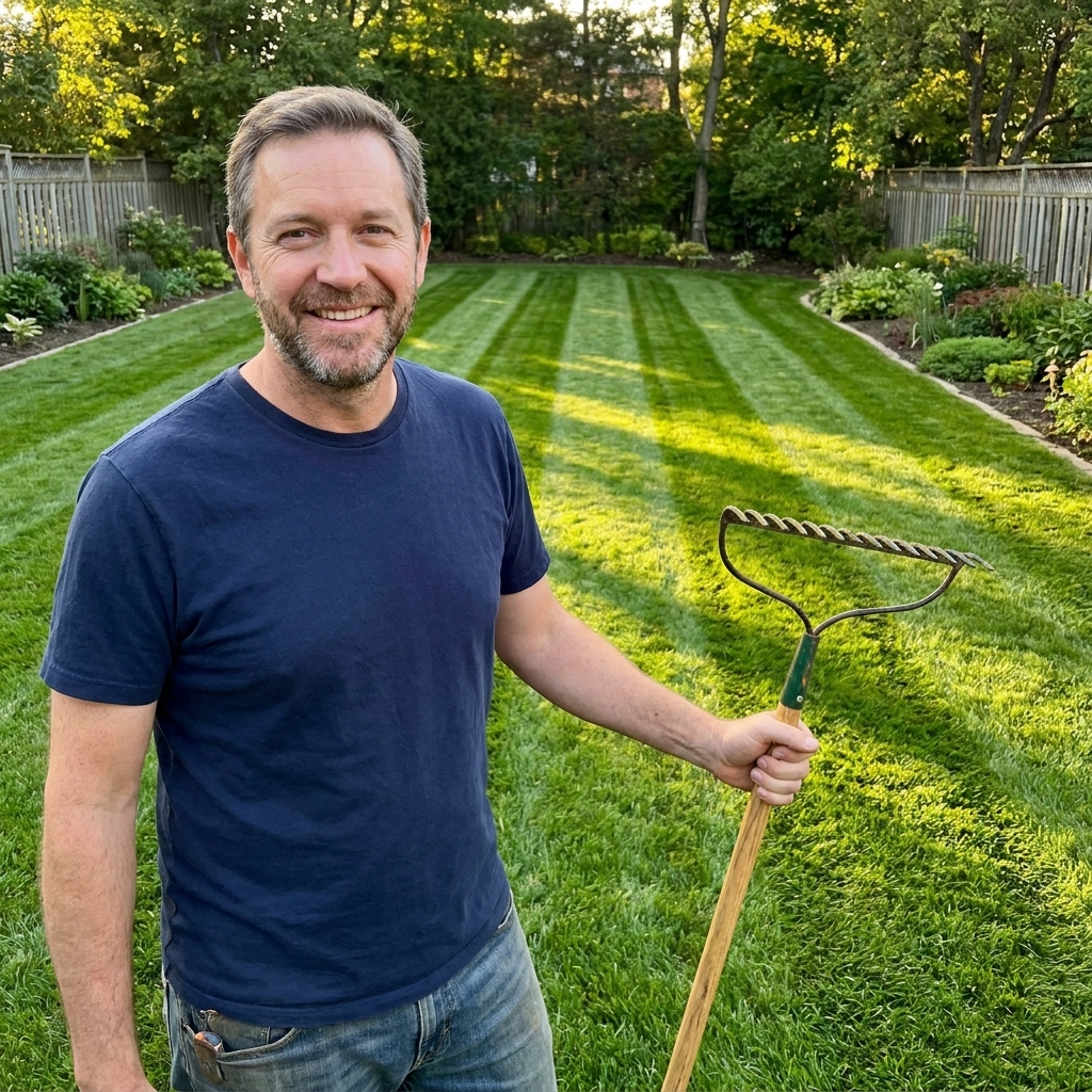 A freshly mowed backyard lawn with crisp striping lines in afternoon sunlight, showing an even cut and healthy green color