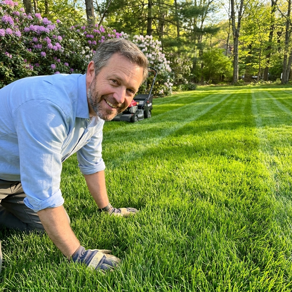 A freshly mowed cool-season lawn with visible mowing stripes and dense Kentucky bluegrass growth in late spring