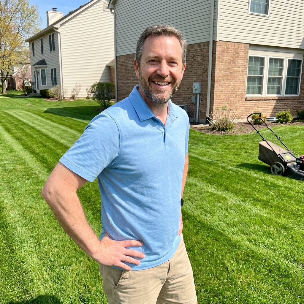 A freshly mowed lawn with visible stripes in bright spring sunlight behind a suburban home