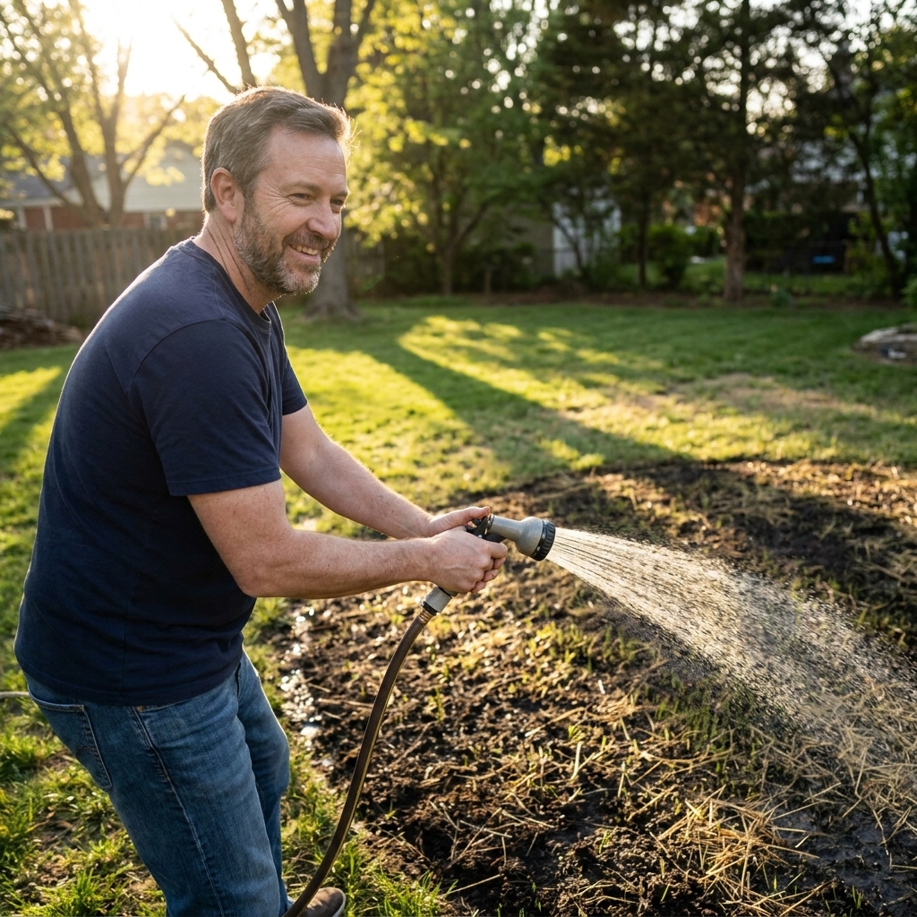 A garden hose with a gentle spray watering a freshly seeded lawn repair spot in the early morning light