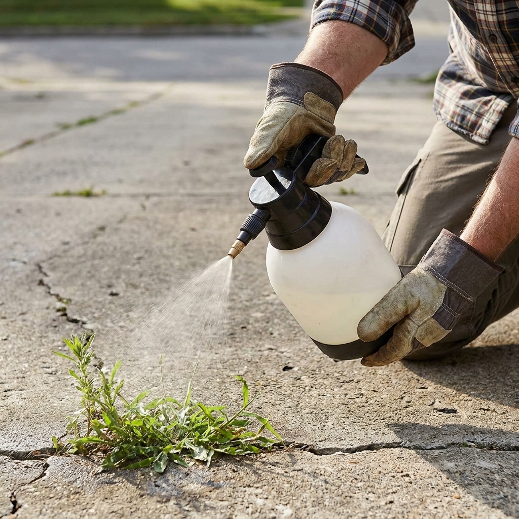 A gloved hand using a small pump sprayer to spot-treat weeds growing in a driveway crack