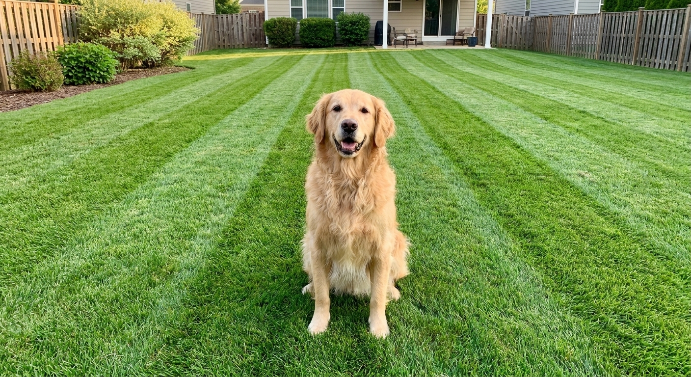 A golden retriever sitting on a freshly mowed lawn with visible mowing stripes in a quiet suburban backyard