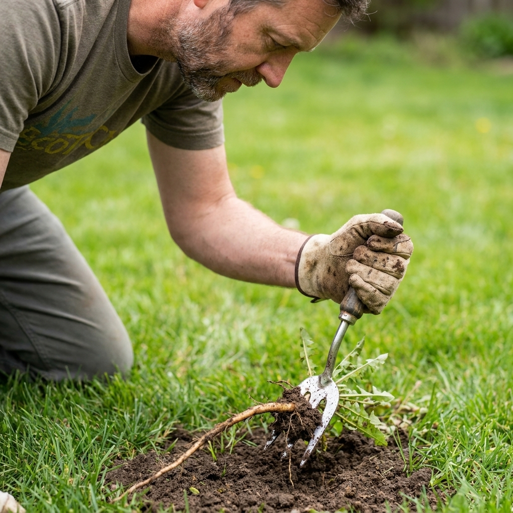 A hand using a forked dandelion weeder to pry a taproot from moist soil in a lawn