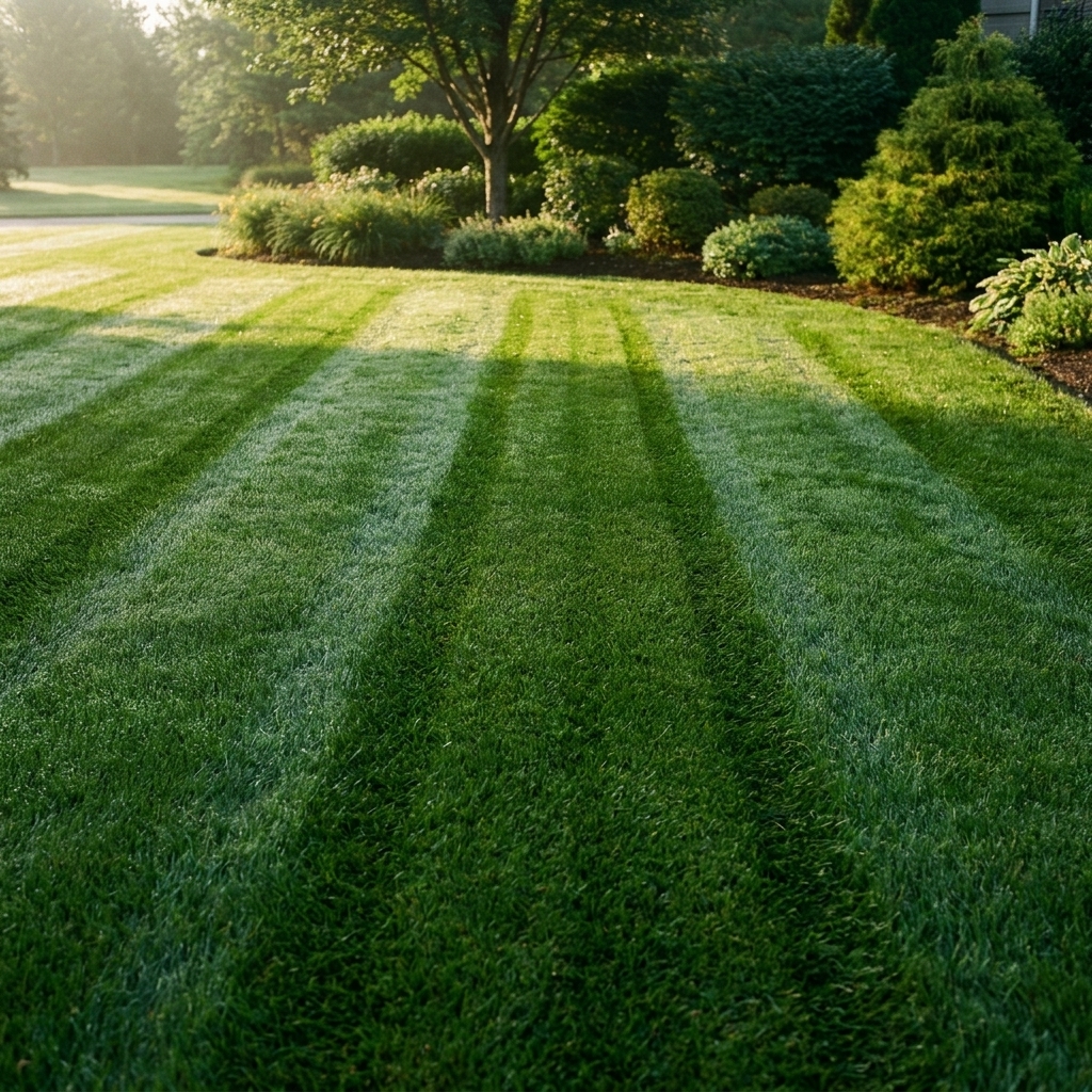 A healthy, dark green lawn with fresh mowing stripes under morning sunlight