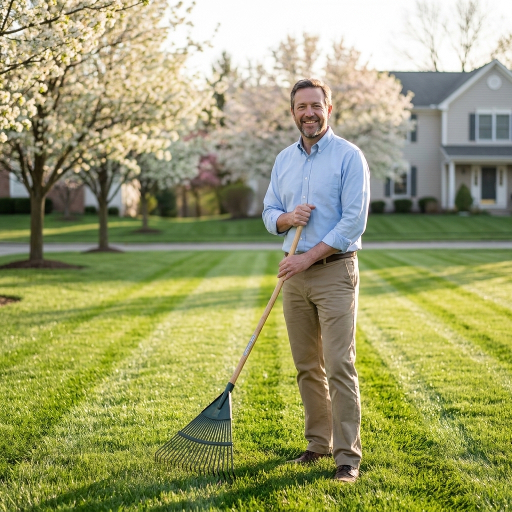 A healthy green suburban lawn in spring with visible mowing stripes and a few trees in the background under soft morning light