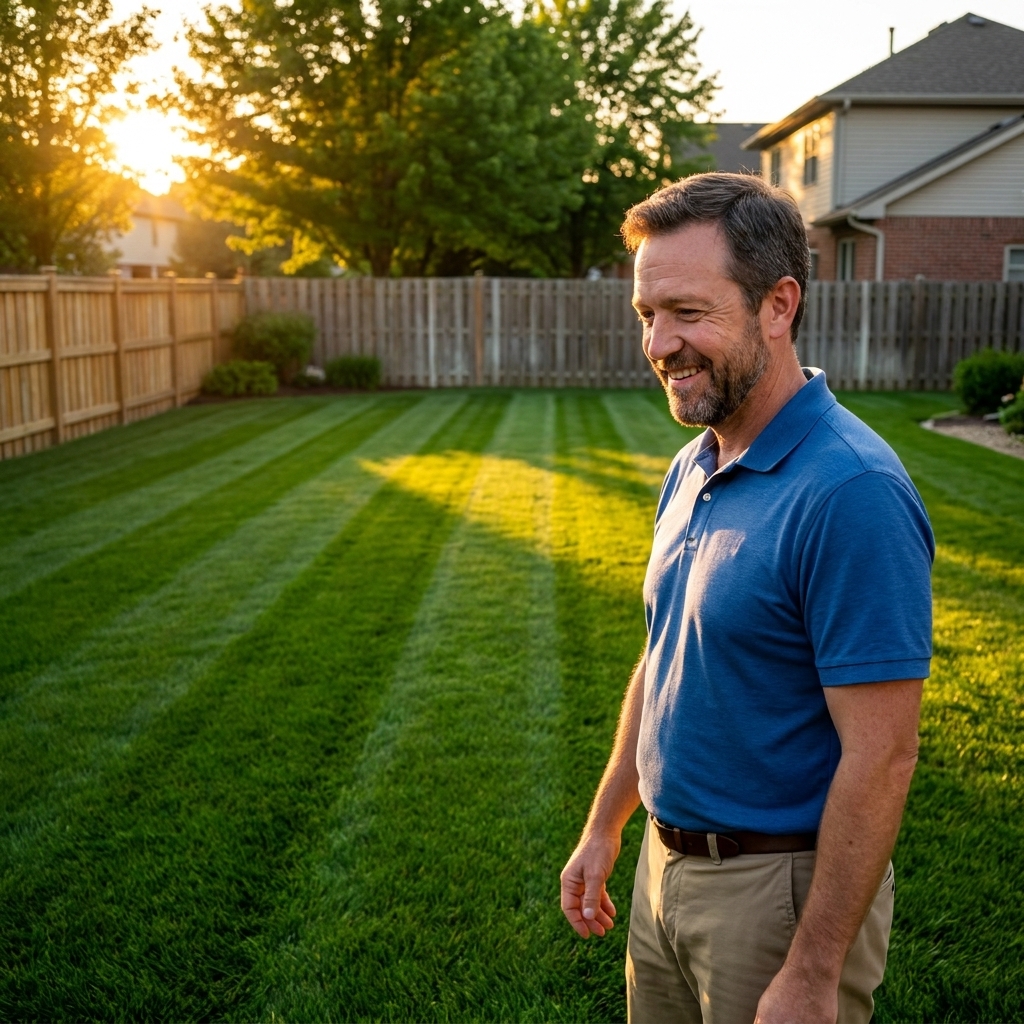 A healthy suburban backyard lawn with visible mowing stripes and deep green turf under soft evening light