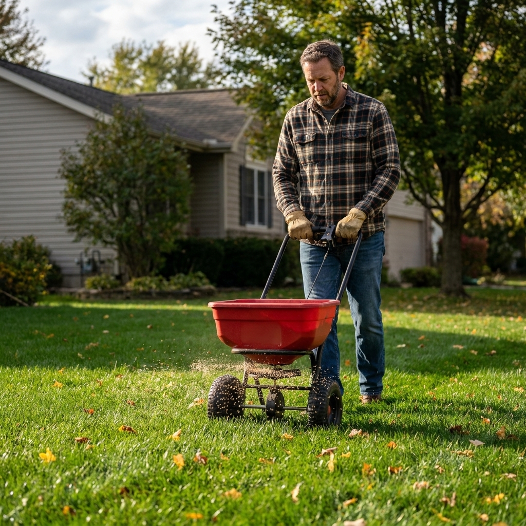 A homeowner applying granular fertilizer to a thick cool-season lawn with early fall leaves scattered on the grass
