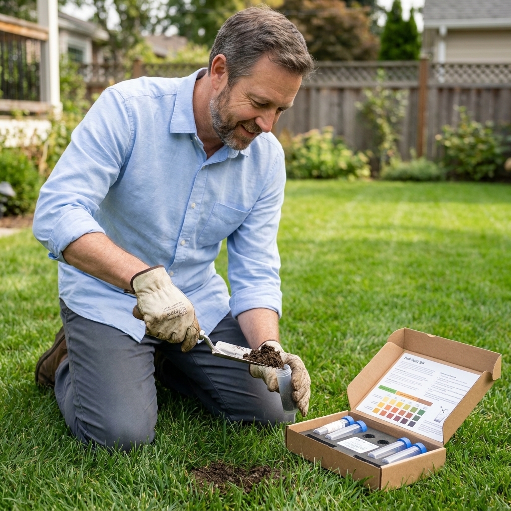 A homeowner collecting a small soil sample from a lawn using a hand trowel next to a soil test kit on the grass