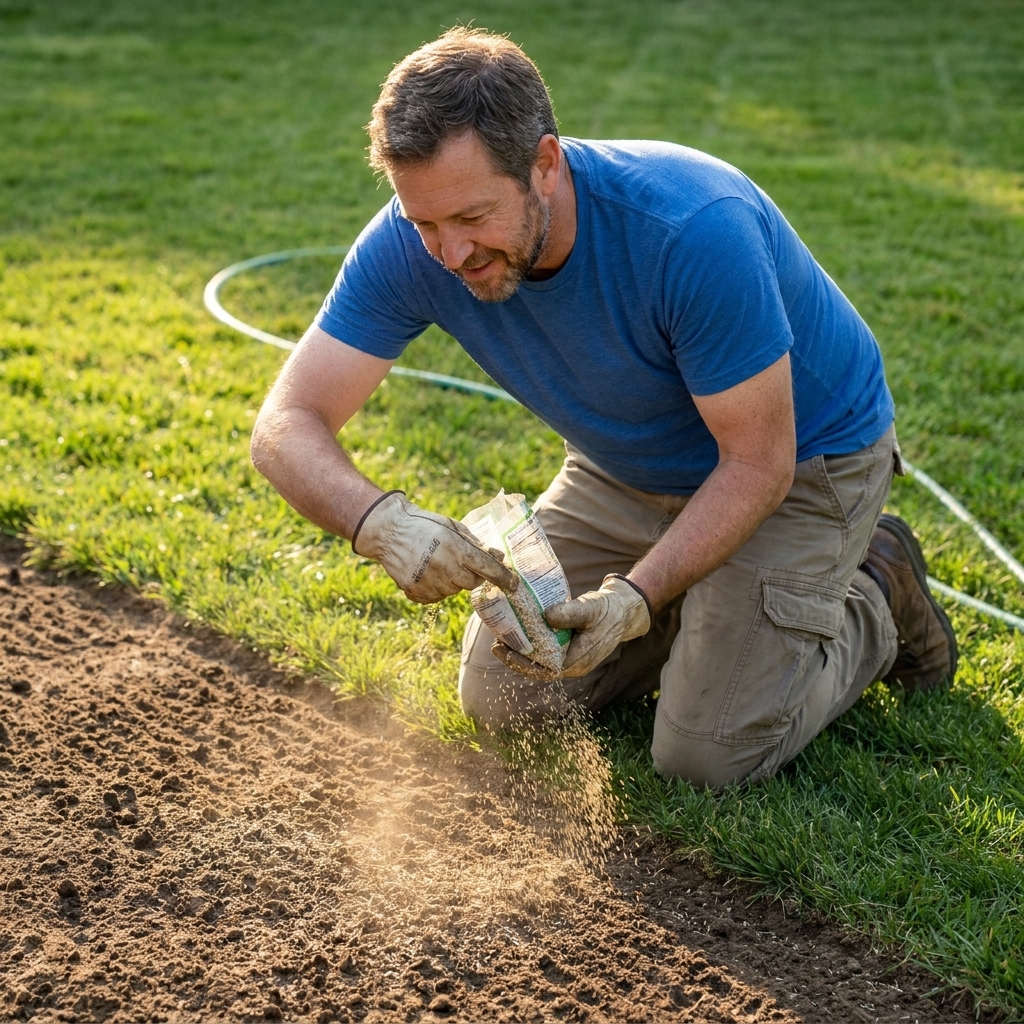 A homeowner hand-spreading grass seed over a small raked bare patch in a green lawn during summer repair