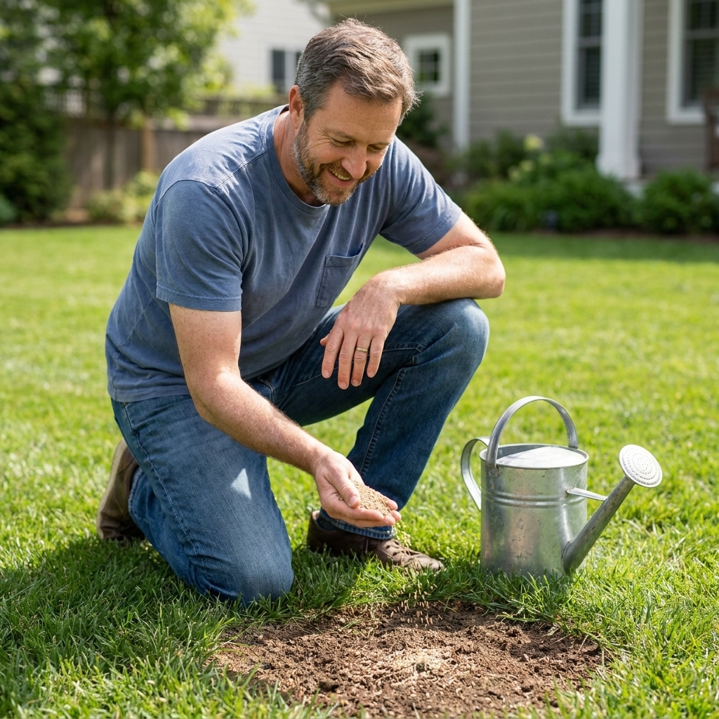 A homeowner hand-spreading grass seed over a small bare patch in a green lawn, with a watering can nearby